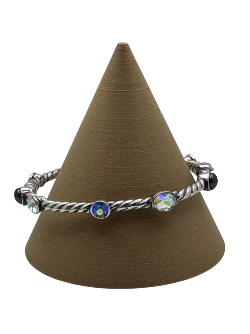 Brighton Swarovski Crystal Bangle Twisted Silver Bracelet Black & Iridescent 7"